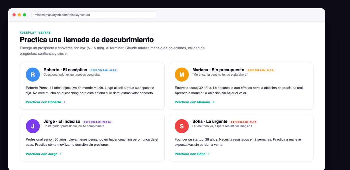Catálogo de prospectos para roleplay de ventas: Roberto el escéptico, Mariana sin presupuesto, Jorge el indeciso y Sofía la urgente